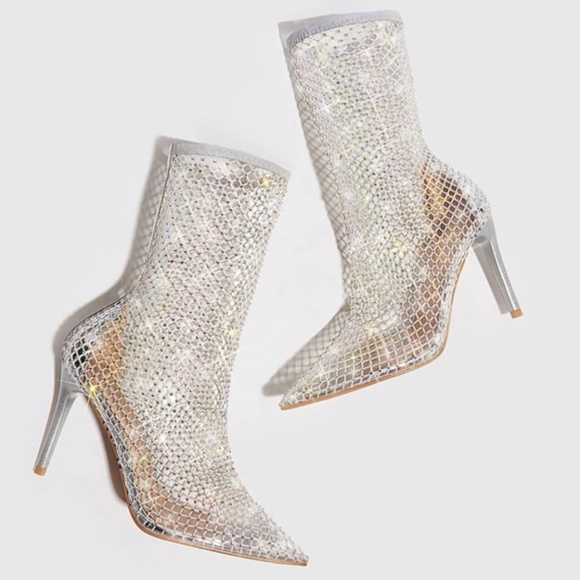 CUCCOO Trending Rhinestone Decor Hollow Out Stiletto Heeled Sandal Boots - Picture 2 of 6